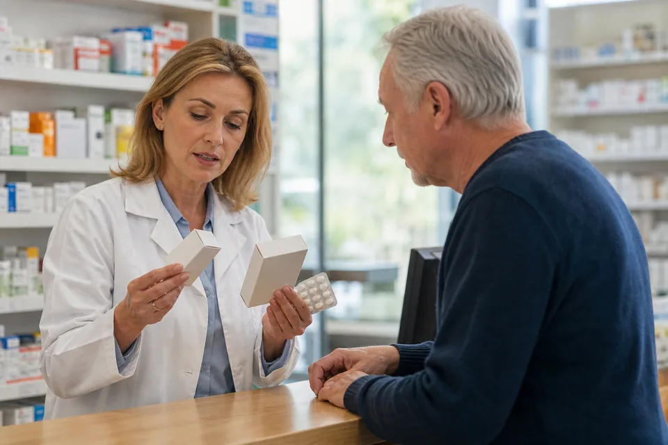 Farmaceutka w aptece porównuje dwa opakowania leku z pacjentem przy ladzie