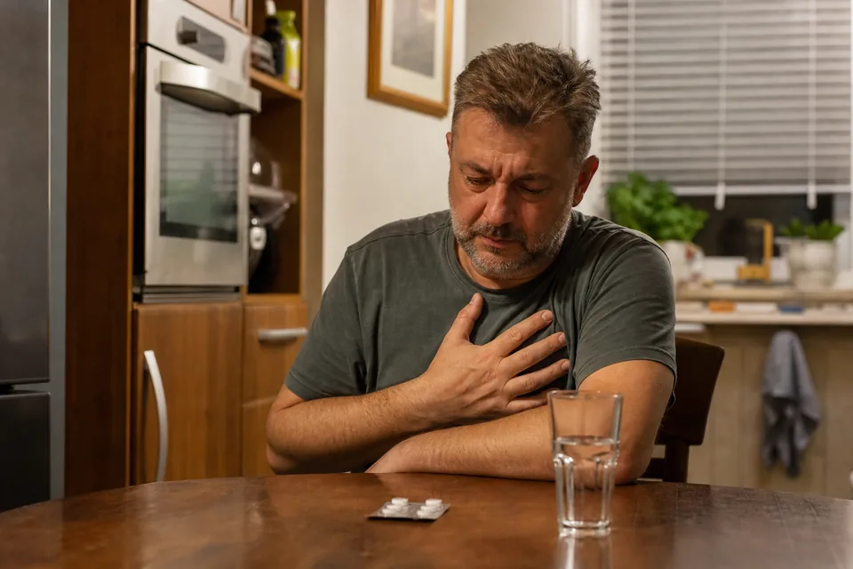 Mężczyzna w średnim wieku po kolacji trzyma dłoń na mostku, obok szklanka wody i blister kapsułek