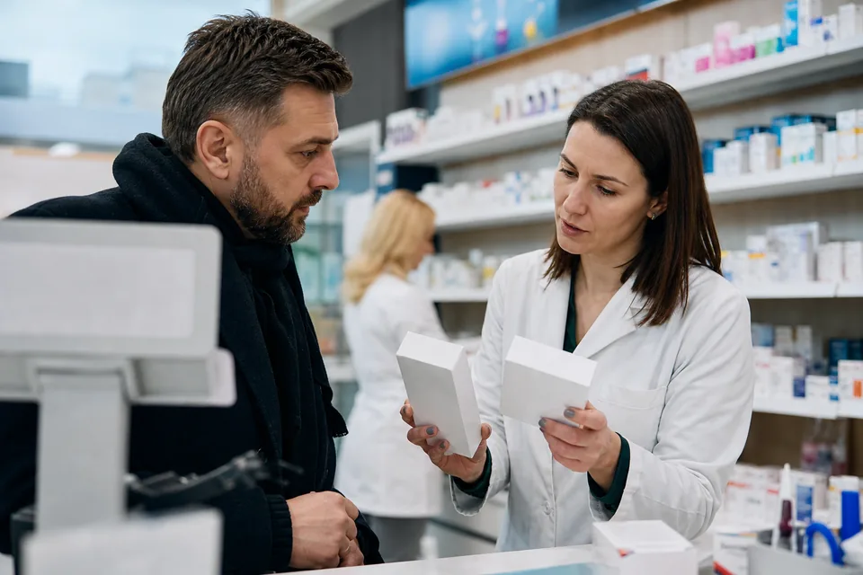 Mężczyzna przy ladzie apteki rozmawia z farmaceutką, która trzyma dwa białe opakowania leku
